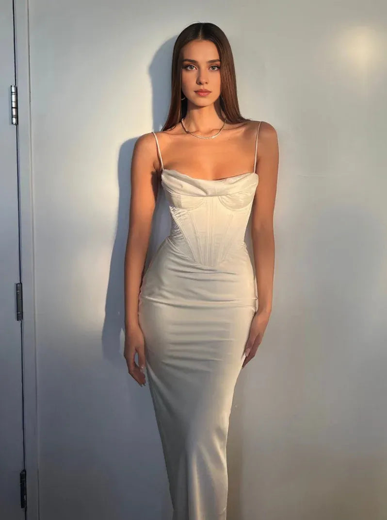 Robe Weitese en satin, col bas, bretelles spaghetti, taille haute, robe mi-longue, chic, robe de soirée, robe de bal